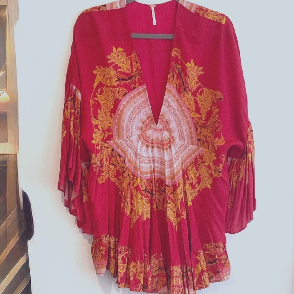 FREE PEOPLE Sunset Dreams Ruffle Top Shirt Tunic Boho Size L